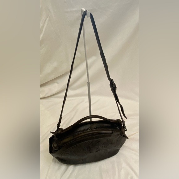 Retro Tooled Coffee Brown Leather Cowhide Two-Way Handbag Adjustable Strap EUC - Picture 10 of 16